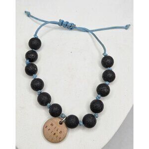 Handmade Adjustable Lava Stone Beaded Bracelet With "Wild Spirit" Pendant On Blu